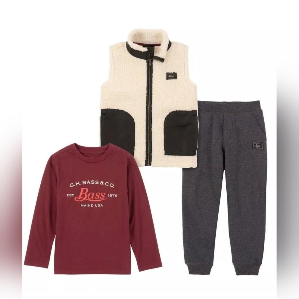 New!! GH Bass Kids' 3 Piece Set Vest SIZE 6 Long Sleeve Tee Jogger RED Color NWT